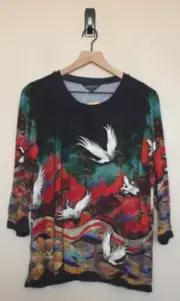 Citron Santa Monica Top Blouse Shirt Knit Large Crane Design Asian Rayon Jersey