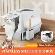 2in1 XL Cat Litter Box Kitty Enclosed Stainless Steel Potty Pan Semi Covered Toilet Modular Tray High Sided Furniture with ABS Lid Carbon Filters