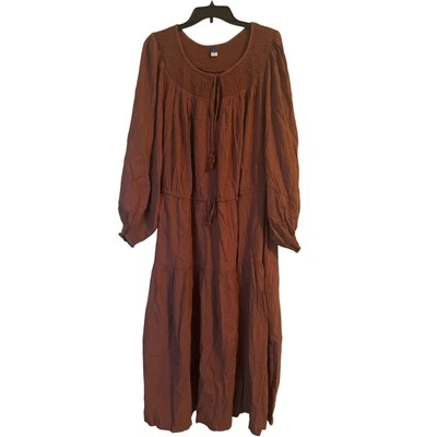 NWT Old Navy Plus Brown Midi Length Dress Smocking Tie Front Size XXL