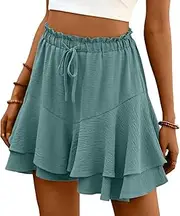 [ABINGOO] Shorts Women's Summer Ruffle Casual Plain Trouser Skirt Light and Airy Mini Skirt Elastic High Waist Short Beach Trousers with Drawstring