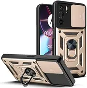 [Eabhulie] Motorola Edge 30 Pro Case, Rugged Armor Protection Case with Slide Camera Cover & Ring Holder Stand for Motorola Edge 30 Pro Gold