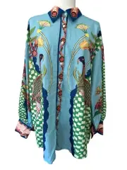 Rotimia Blue Peacock Print Button-Up Balloon-sleeve Blouse Size 3XL