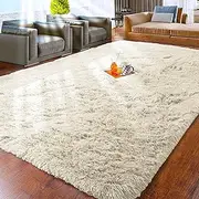 Fluffy Bedroom Rug – Cream Lounge Area Rugs 120x170 cm for Living Room Large Plush Carpet Modern Soft Shaggy Pile Faux Fur Rug for Home