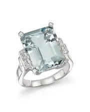 Aquamarine and Diamond Baguette Ring in 14K White Gold