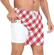 [GuoChe] Swimming Shorts for Men Men's 2In1 Running Shorts Buffalo Plaid Red White Phone Pocket Inseam Board Shorts Quick Dry