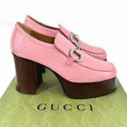 NEW GUCCI Horsebit Leather Platform Loafers EU 39.5 US 9.5 Pink Croc Embossed