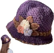 POCHY Warm Knitted Floral Hat | Warm and Windproof Floral Knitted Wool Hat,Elegant Knit Hats for Women Winter, Women's Winter Hat for Indoor Outdoor Purple