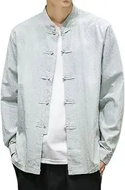 [Aoleaky] Long Sleeved Jacket with Men Cotton Linen Buttons with White Shirt Tang Style Linen Shirt Casual Long Sleeved