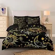 Merryword 8 Pcs Universe Bed in a Bag Sun and Moon Comforter Set California King Size Galaxy Bedding Black Gold Moon Star Pattern Bohemian Gothic Comforter Set