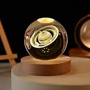 PSQME 3D Galaxy Crystal Ball Night Light, LED Solar System Crystal Ball Lamp with Wooden Base, Saturn, 8CM