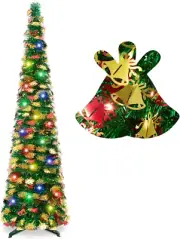 5Ft Pencil Christmas Tree with Lights, Pop up Christmas Tree, Green Tinsel Tree