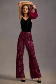 NWT Anthropologie Fringed Sequined Wide-Leg Pants 2 Black Pink $180 Cocktail