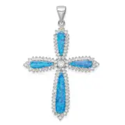 Sterling Silver Blue Created Opal & Cubic Zirconia Border Cross Pendant