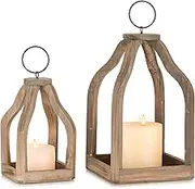 Wood Lanterns Decorative Indoor: Farmhouse Hanging Candle Holder Set of 2 Brown Table Centerpiece Fireplace Mantle Shelf 11" & 8" Rustic Home Decor Fall Ornaments