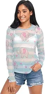 [RPLIFE] Cute Elephants Blue White Stripes Long Sleeve Mesh Tops for Women, Transparent Tops for Women S-XXL
