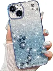 [GHMONKEY] Gradient Glitter Rose Flower Phone Case for Samsung Galaxy A73 A53 A33 A32 A42 A52 A82 5G Soft Silicone Shiny Shell Precise Hole Lens Protection Bling Back Cover(Blue,A73 5G)