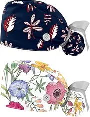 [WOSHJIUK] Working Hat 2 Pack Scrub Caps for Women,Floral Leaves Blue Background,Tie Back Cap Adjustable Scrub Hat