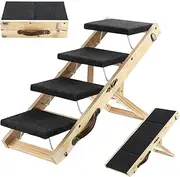 Pet Scene Wooden 2in1 Pet Stairs 4 Steps Foldable Dog Ramp Staircase Dog Ladder, for Bed Car Couch with Non Slip Carpet, 3 Level Height Adjustable