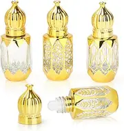 CHSEEO 6ml Mini Essential Oil Roller Bottles, 4 Pcs Refillable Empty Vintage Perfume Essential Oil Roll on Dispenser Bottles Egyptian Arabic Style, Travel Perfume Aromatherapy Container, Gold