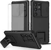 Asuwish Phone Case for Samsung Galaxy S24 Ultra 5G with Tempered Glass Screen Protector and Slide Camera Cover Kickstand Stand Protective Cell Accessories S24Ultra 24S S 24 24Ultra Women Men Black
