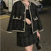 Women 2 Piece Set Short Woolen Tweed Jacket Coat Bodycon Skirt Office Suit