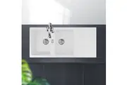 ACA 1160x500x200mm Granite Quartz Stone Kitchen Laundry Sink with Drainboard Strainer Waste White Double Bowls Top/Under mount
