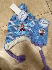 New Disney Frozen Elsa And Anna Sisters Hat And Gloves Osfm