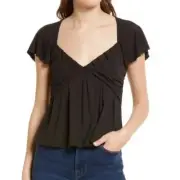Frame Womens Top Size Small Black Shirred Flounce Crop Flutter Sleeve New