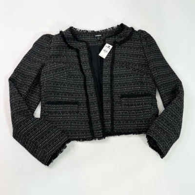 EXPRESS Blazer Womens Small Black Metallic Open Front Tweed Fringe Puffed Sleeve
