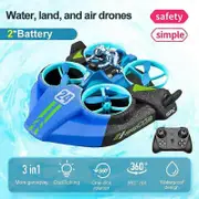 V24 Mini Drone 3 In 1 RC Helicopters Gifts Deformable Hovercraft Air Flight/Racing/Water Driving On Sky/Land/Pools Outdoor Toys Blue 2 Batteries