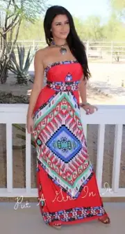 New Womens USA RED AZTEC MEDALLION "MIRAGE" MAXI TUBE DRESS BOHO STRAPLESS S M L
