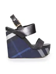 Blue Check Leather Wedge Sandals