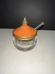 Vintage 1960s Gold Orange Enamel Lid Glass Condiment Serving Bowl Spoon Set