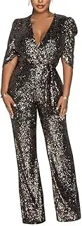 [GHAKKE] 2024 Women's Sexy Deep V Neck Short Sleeve Glitter Sequin Club Jumpsuits Belted Wide Leg Long Pants Party Rompers