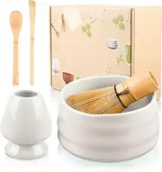 5-Piece Matcha Broom Set, Matcha Tea Set, Matcha Set, Matcha Whisk Set Includes Matcha Whisk, Bowl, 2 Matcha Spoons, Broom Holder, Manual Matcha Set for Tea Lovers (White)