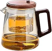 Glass Teapot with Filter - Water Separation Clear Teapot with Wood Handle - Stove Blooming Pot Tea Maker Heat Resistant for Living Room Workplace