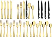 SHEUMNT 24-Piece Gold Silverware Set with Steak Knives, Stainless Steel Cutlery, Food Grade Flatware Set Service for 4, Mirror Polished Tableware for Home Restaurant