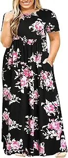 [Nemidor] Women Short Sleeve Loose Plain Casual Plus Size Long Maxi Dress with Pockets (30, 143+Blackprint)