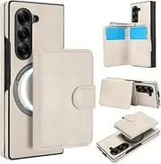 [Konstreet] for Samsung Galaxy Z Fold6 Case 2-in-1 Detachable Magnetic Wallet with 5 Card Slots Compatible MagSafe and RFlD Blocking PU Leather Kickstand and Wireless Charging- White