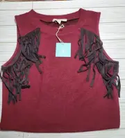 Blush Noir Womens Crop Top Shirt Small Berry Black Faux Suede Fringe Cropped