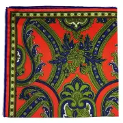 Orange & Green Floral Motif Silk Pocket Square (Hand-Rolled in England)