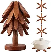 Wooden Trivets for Hot Dishes,Tree Shape Trivet Set,4 Trivets+1 Stand,Natural Foldable Kitchen Wooden Trivet,for Hot Dishes、Pot、Bowl、Teapot、Hot Pot Holders (Black Walnut)