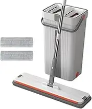 TOMVAES Mop and Bucket with Wringer Set, Hands Free Flat Floor Mop and Bucket with 2 Washable Microfiber Pads Included, Wet and Dry Use, Home Floor Cleaning System for All Floor Types and Windows