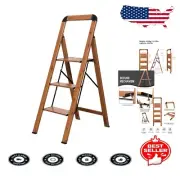 Woodgrain Finish Aluminum Folding Step Ladder: 3 Step Anti-Slip Design 330 lbs