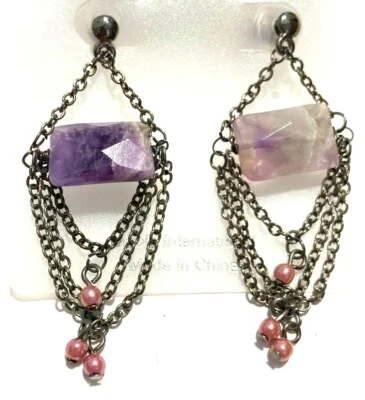 Unique Purple Amethyst Stones, Dangle Chains & Beads Pierced Earrings New