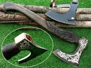 Custom hand forged carbon steel viking axe Handmade Engraving Wood Handle