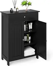 [Giantex] Bathroom Storage Cabinet, Floor Storage Organizer with 2 Doors, 2 Open Shelves, 3-Level Adjustable Shelf, Modern Storage Unit (Black, Drawer Style)