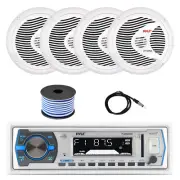 Pyle Marine Bluetooth Receiver, 4x 8'' 180W Boat Speakers w/ Wire, Antenna