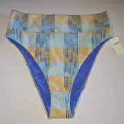 American Eagle Aerie High Cut Cheeky Bikini Bottom LARGE Blue Plaid Textured