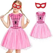 AOMIG Spider-Girl Costume, Halloween Kids Spider Costume, Halloween Superhero Costume with Super Hero Mask, Deluxe Girls Spider Fancy Dress Outfit for Halloween Carnival Masquerade Party